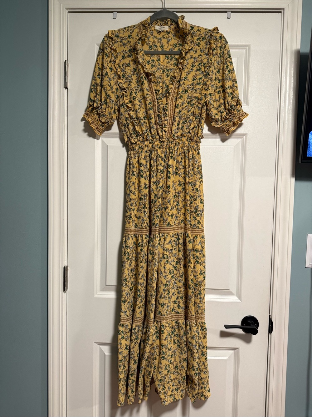 Max Studio Yellow Floral Midi Dress with Smocked Waist